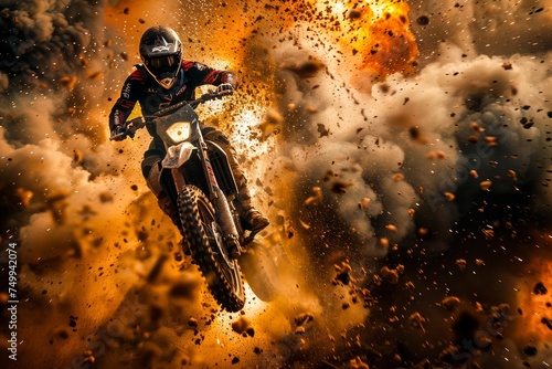 An extreme sports motocross rider jumps his bike against a dramatic backdrop of explosions and fire