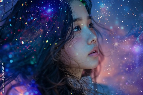 A photo of a young and pretty Asian woman taken in a studio with a mysterious and dreamy atmosphere
