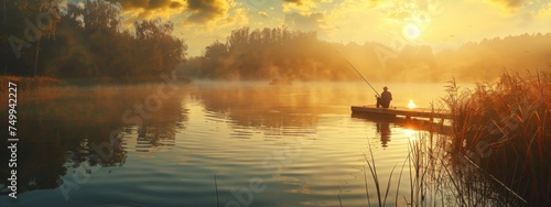 Serene sunset fishing scene on a misty lake, capturing the tranquility of solitary outdoor activities, concept of leisure, relaxation, and nature connection
 photo
