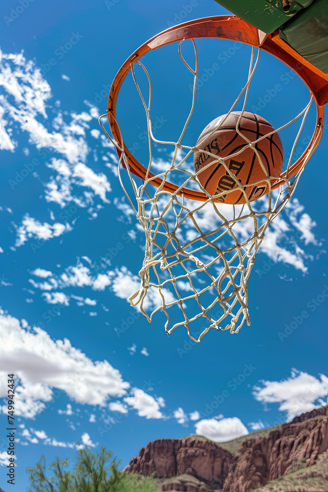 Basketball ball going through the net during a basketball tournament in Arizona