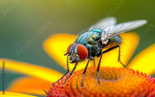 Zoomed In View of a Housefly Resting on a Yellow Flower © Pure Imagination