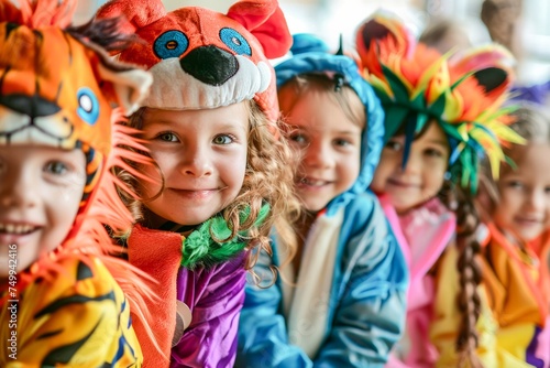 Adorable children smiling in colorful animal costumes during a party