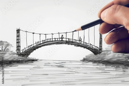 Bridging the Divide: Hand Drawing a Bridge Over a Gap. Symbolic Illustration of Connection, Collaboration, and Overcoming Challenges. Perfect for Presentations, Marketing, and Social photo