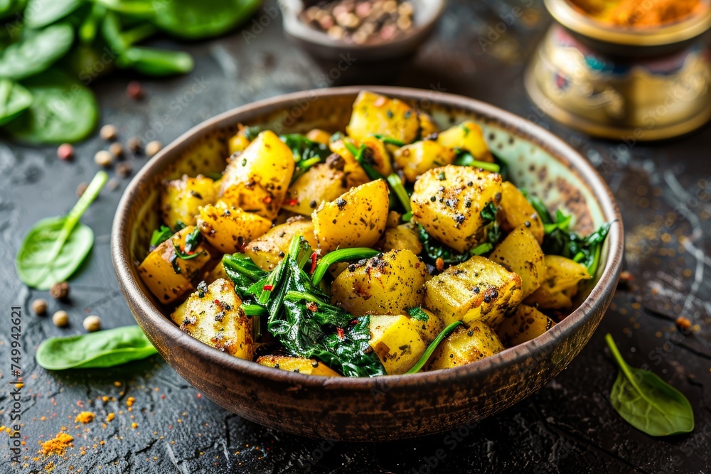 A close-up of a hearty bowl of seasoned potatoes with fresh herbs, ready to be served as a delicious meal A close-up of a hearty bowl of seasoned potatoes with fresh herbs, ready to be served as a delicious meal