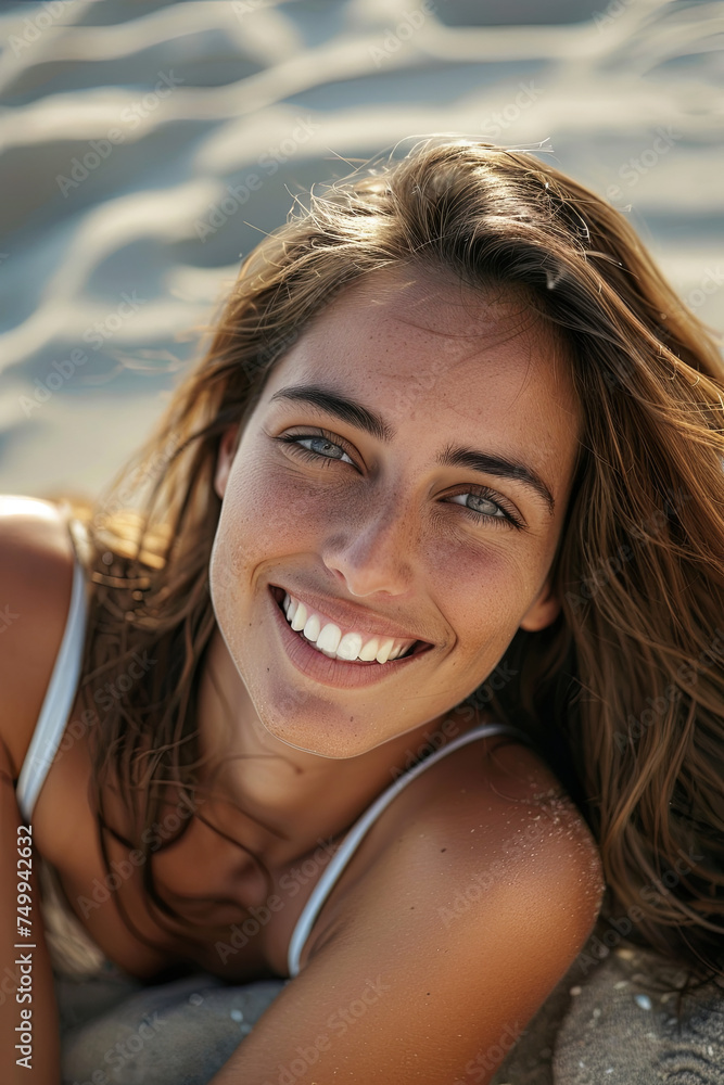 Happy woman with white perfect smile resting on the sand of the beach and looking at camera
