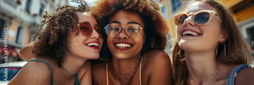 Bunch of youthful female companions hanging out within the city. Multiracial youthful ladies sitting by the road and having fun