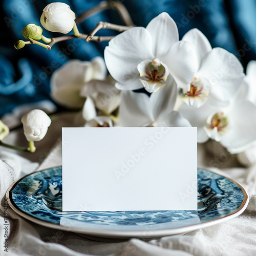 Mockup white blank space card, for Name place, Folded, greeting, wedding table setting background.