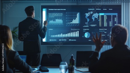 A CEO businessman presents information to a group of investors and business people during a business meeting. A projector screen displays graphs related to product sales, revenue growth strategy © wpw