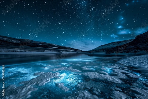 A captivating nightscape showcasing an icy landscape under a star-filled sky reflecting in a tranquil frozen lake