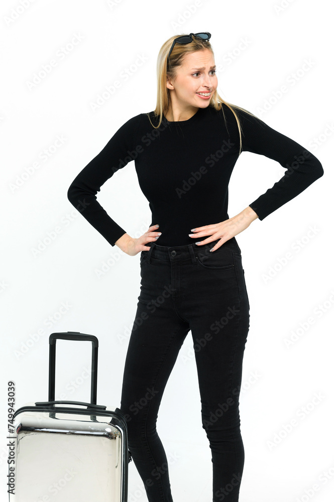 Pretty young woman with suitcase on white background. Pretty young woman with suitcase on white background.
