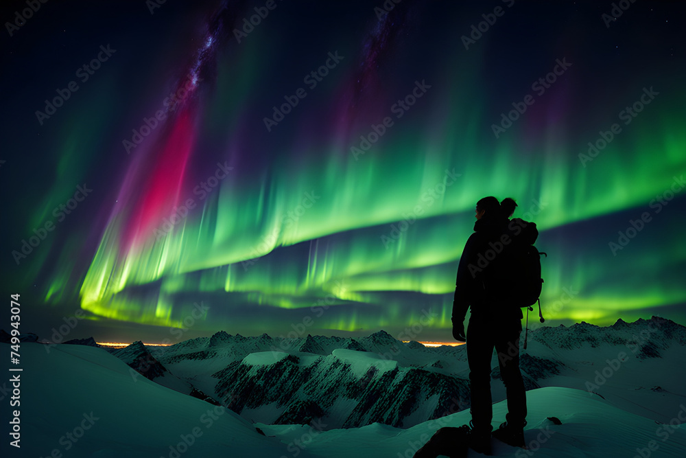 aurora borealis and male silhouette landscape with polar lights, 