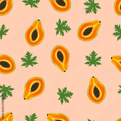 Tropical seamless vector pattern of papaya fruits and leaves on a beige background. Ideal for wallpaper, food wrapping paper, fabric, background, baby products, etc.