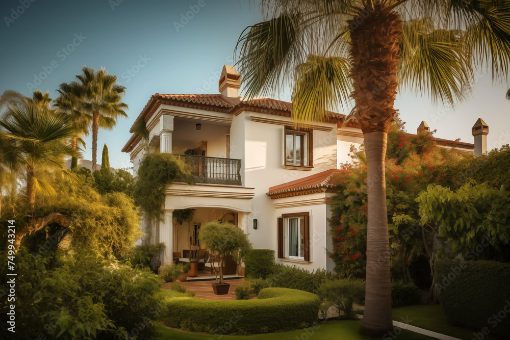 Luxury Villa with garden in Spain. Luxury home. Villa Resort, Spanish Real Estate in Sierra Blanca, Marbella. Residence in Mediterranean. Modern apartment buildings, House Facade exterior design.