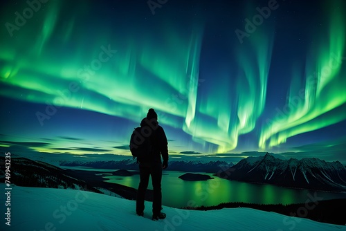 aurora borealis and male silhouette landscape with polar lights,  © RORON