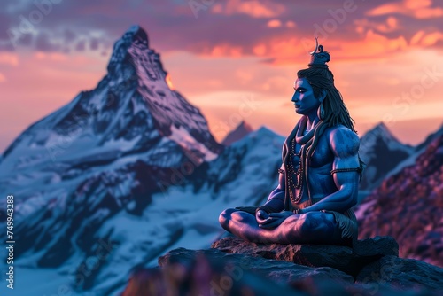 A striking digital illustration showcasing a serene figure in meditation pose set against a snowy mountain backdrop during a vibrant sunset