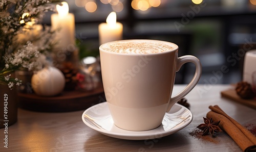  a mockup for a stylish latte mug in a coffee shop setting 