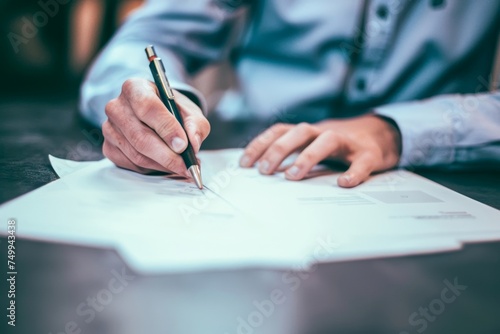 A focused shot capturing an individual's hands as they use a pen to sign papers or possibly a contract on a desk