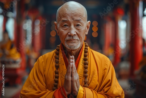Portrait of an elderly Buddhist monk in orange robes meditating peacefully in a temple setting. Concept of spirituality, meditation, and religious devotion. 