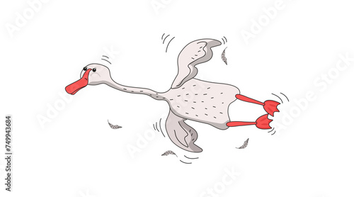 Cute white geese. Funny goose flying cartoon bird. Drawing of a simple goose and feathers. Vector flat illustration, isolated background.