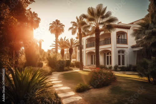 Luxury Villa with garden in Spain. Luxury home. Villa Resort, Spanish Real Estate in Sierra Blanca, Marbella. Residence in Mediterranean. Modern apartment buildings, House Facade exterior design.
