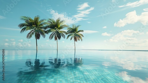 Palm trees reflected in a tranquil beachside pool, with copy space