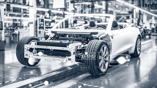 A high-tech car production line featuring an advanced chassis. Next-generation vehicle assembly with robotic automation and cybernetic engineering environment.