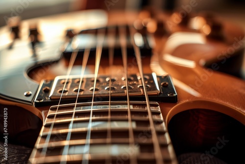 A detailed image highlighting the strings and pickups of an electric guitar with a shallow depth of field