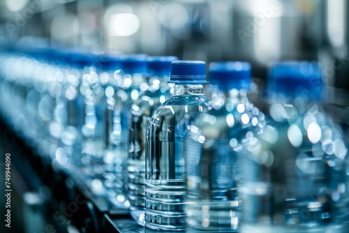A clean, orderly production of bottled water, showcasing the manufacturing process on a conveyor belt