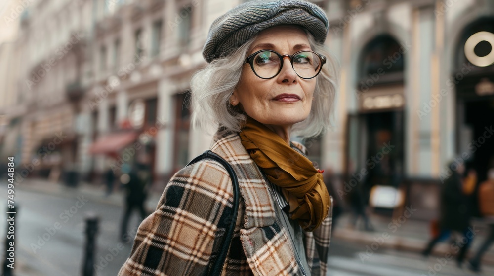 City Chic: Senior Woman Embraces Urban Life with Style. Timeless Elegance, Vibrant Cityscapes, and Active Aging. Ideal Stock Photo for Travel Ads and Silver Market Marketing