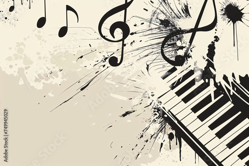 Grunge musical theme with notes and piano keys photo