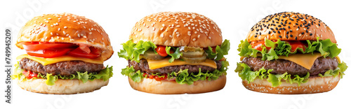 Set of delicious classic burgers, isolated on transparent background