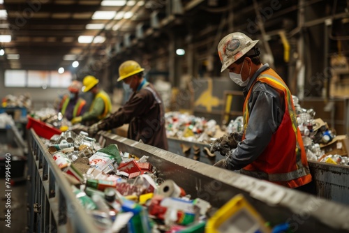 From Trash to Treasure: Recycling Facility Workers Separate Recyclables. Sustainable Practices, Material Recovery Systems, and Building a Greener Future. Stock Photo for Businesses & Campaigns photo