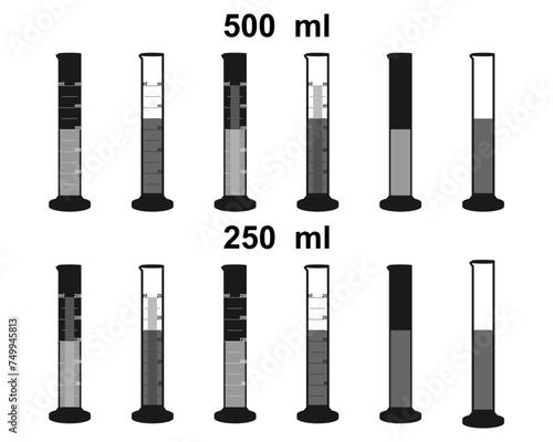 graduated cylinder glass with volume 500 and 250 ml.  laboratory chemical glassware equipment. flat design illustration isolated on white background.
