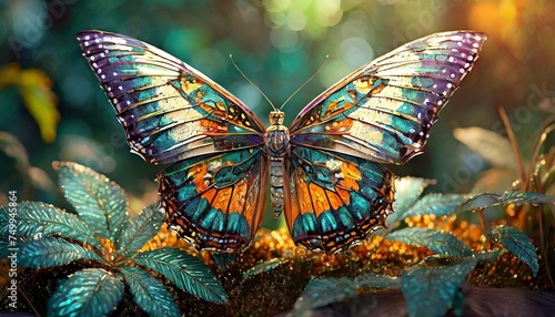 large stunningly beautiful fairy wings fantasy abstract paint colorful butterfly sits on garden the insect casts a shadow on nature the insect has many geometric angles 3d render © Lauren
