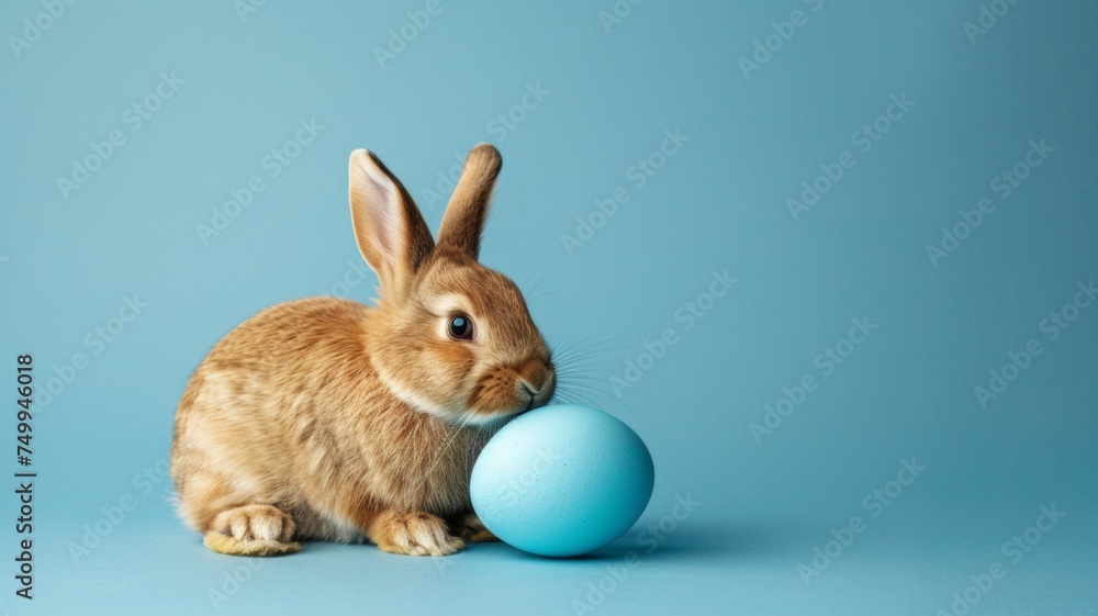 Obraz premium Easter bunny with blue painted eggs on a blue background