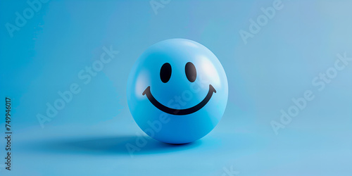 Happy face emoji on a blue background. Business concept banner with copy space. Symbolizing negativity and bad mood.