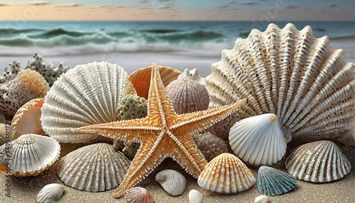 beach finds small seashells fossil coral and sand dollars puka shells a sea urchin and a white starfish sea star ocean summer and vacation design elements isolated over transparent background photo