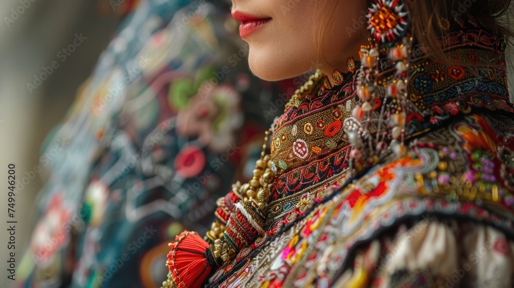 A close-up of a traditional May Day outfit, focusing on the intricate fabric patterns and accessories, capturing the cultural significance and attention to detail in the celebration's attire