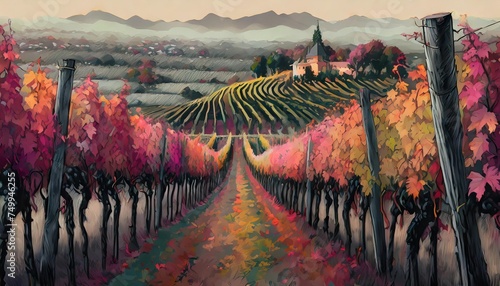 monochrome sketch of a vineyard row landscape