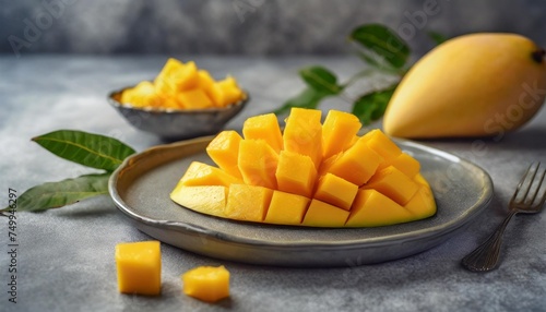 healthy breakfast sliced yellow thai mango fruit on plate top view concrete background © Lauren