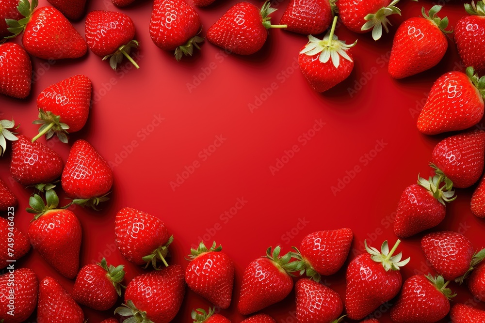 sweet red ripe strawberry frame on red background top view, fresh berries template with copy space sweet red ripe strawberry frame on red background top view, fresh berries template with copy space