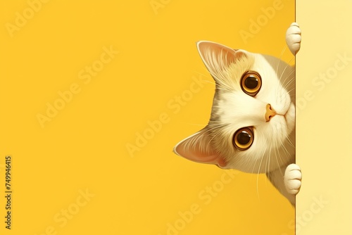 cute cartoon cat peeking from the side on a bright yellow background photo
