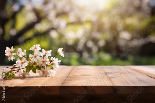 empty wooden table top with branch of cherry flowers on blurred spring park background for product display or montage