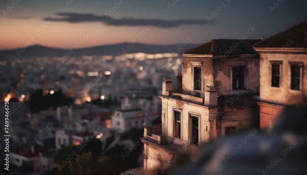 old ruined building in top of plaka district as seen in athens skyline