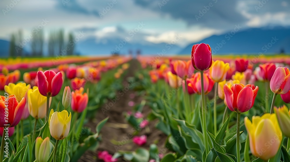Highlight the vibrant colors of a field of tulips stretching to the horizon