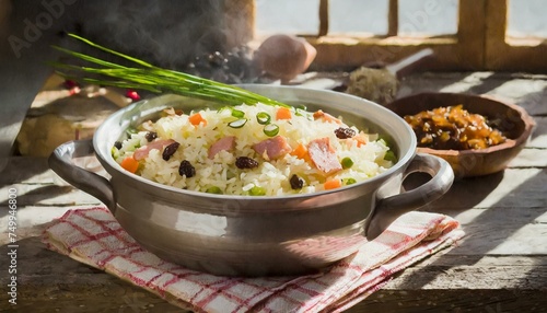 Arroz à grega em uma panela sobre a mesa. Arroz com uva-passa, ervilha, cenoura e presunto. photo