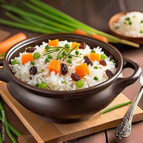 Arroz à grega em uma panela sobre a mesa. Arroz com uva-passa, ervilha, cenoura e presunto. photo