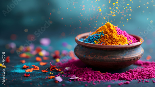 Indian Holi festival powder colors in bowls on blue background. Colorful organic gulal in earthen bowl. Festival of Colors concept. Banner or card with copy space