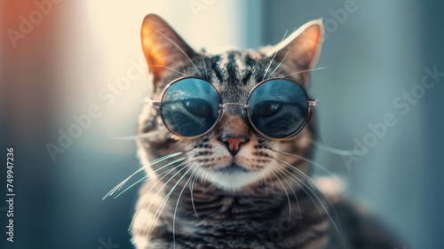 A funny cat poses for a photo wearing sunglasses.