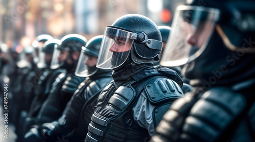Group of police officers in riot gear managing an manifestation. Generative AI photo